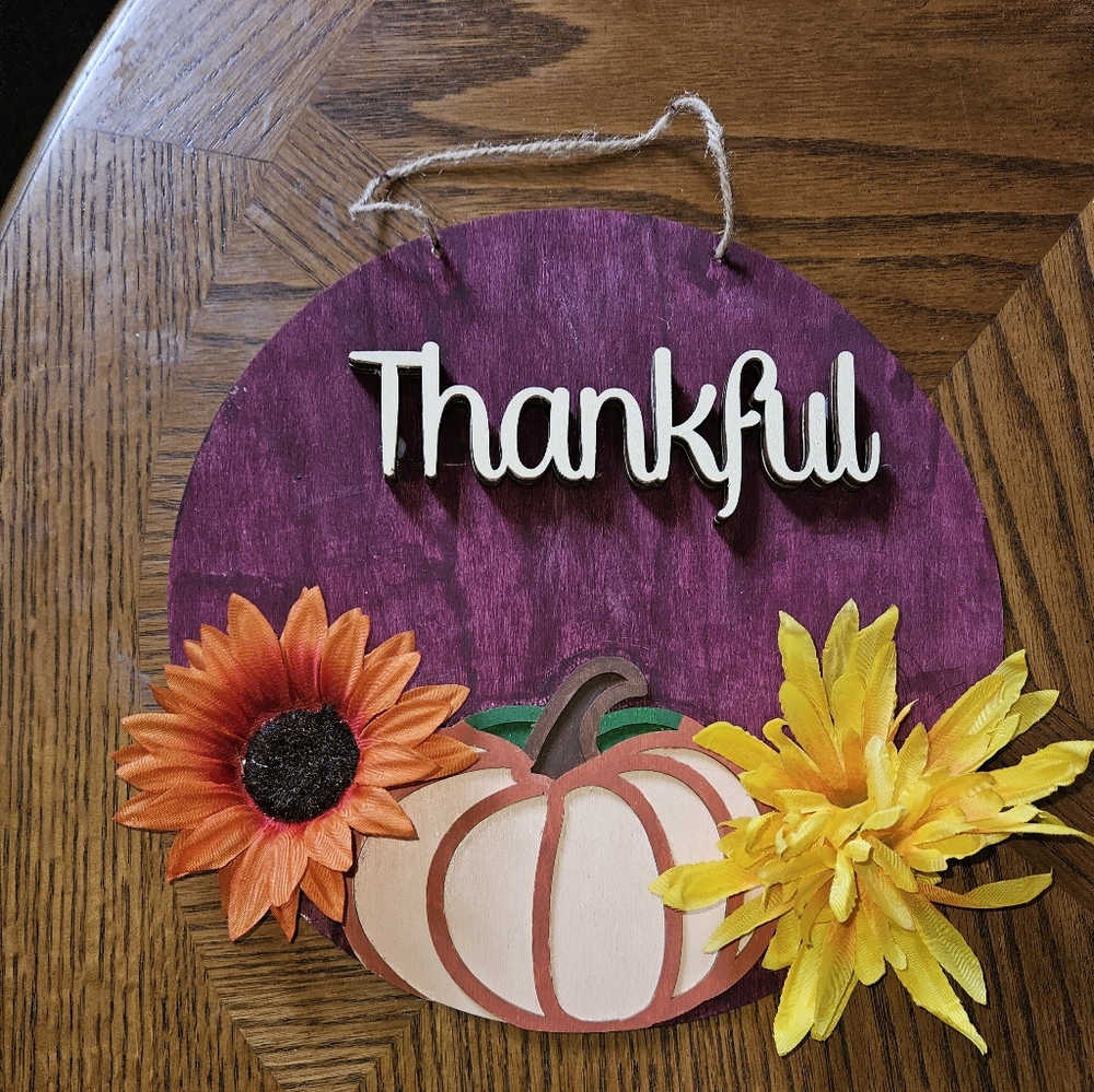 New Handpainted Wooden Door/Wall/Window Fall Thanksgiving Sign Thankful Round